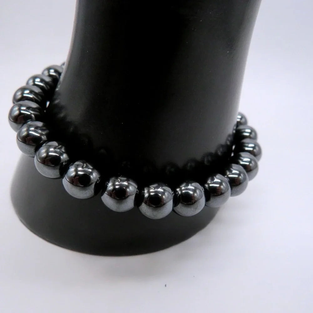 Polished Gunmetal Hematite Round Bead Stretch Bracelet Non Magnetic Minimalist
